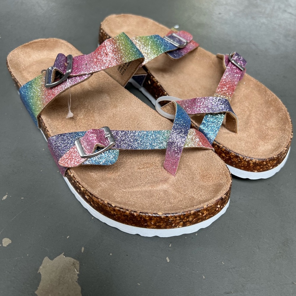SO girls rainbow glitter double strap slides